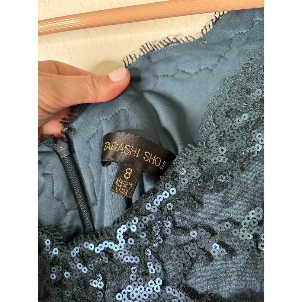 Tadashi Shoji Paillette Blue Embroidered Lace Sequin Sheath Dress Size 8 Regal - Picture 4 of 8